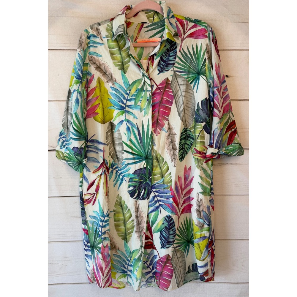 Vilagallo Tropical Leaf Print Cotton Shirt Dress Multicolored Size 42 EU